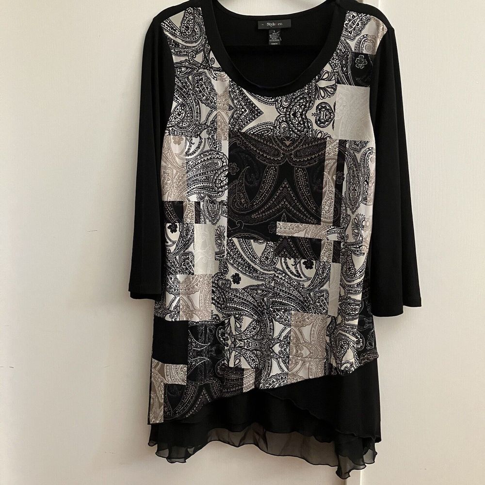 Style & Co. Black White Paisley Whimsy Pullover Boho Tunic 3/4 Sleeve SZ LG-K - Picture 3 of 6